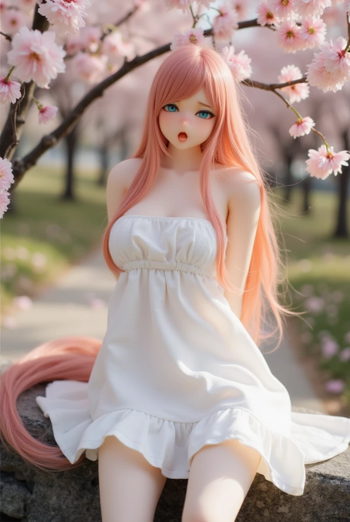 1sex doll,cinematic angle,nature,Cherry blossoms,very_long_hair,sweet_lolita,white_thighhighs,arms behind back,