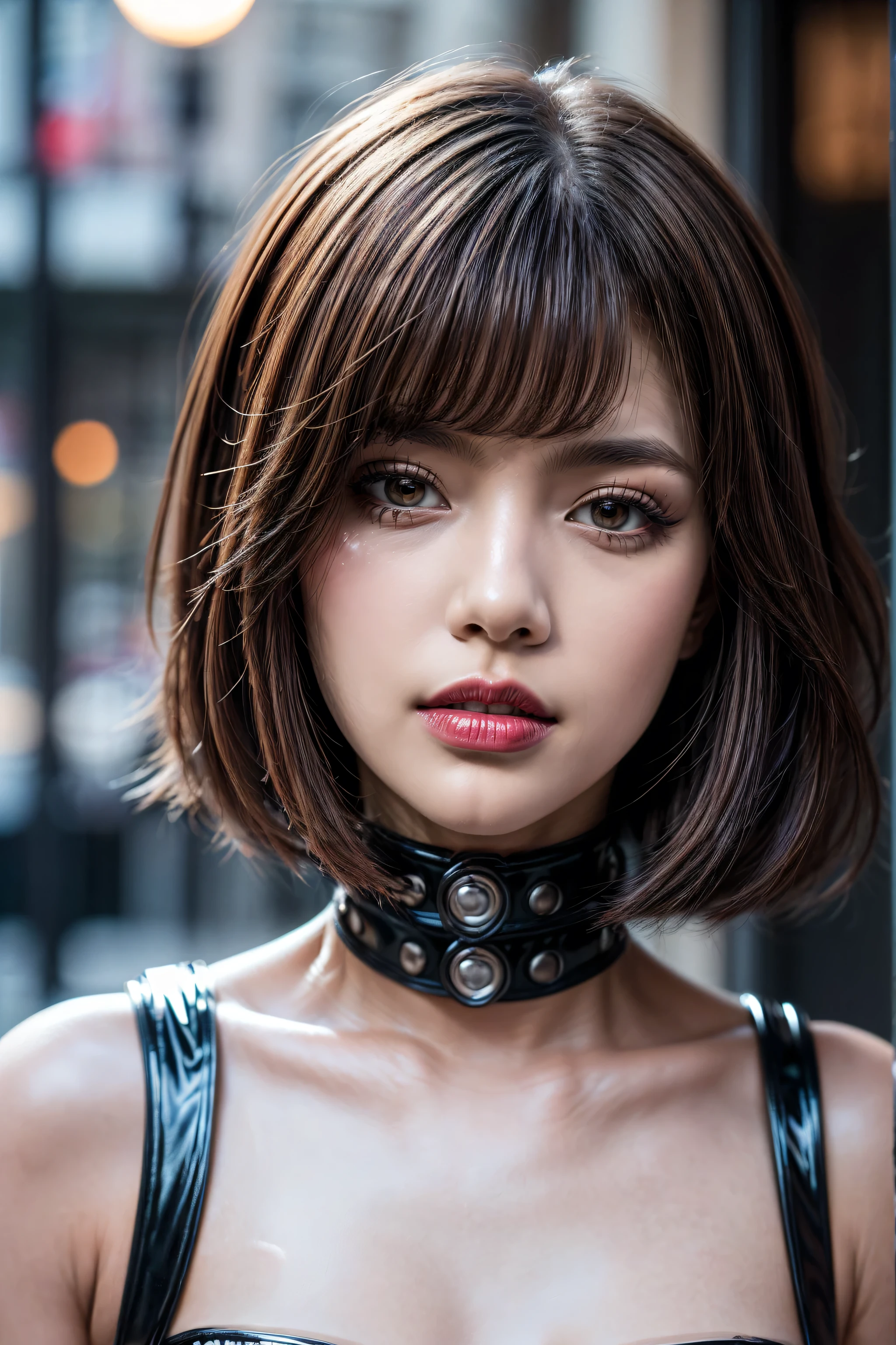 cinematic film still <lora:Choker-FFashion-Part1-32.LORA:1> a black and silver choker with a metal clasp, slave collar, choker, steel collar, wearing steel collar, steel choker, a black choker, choker on neck, piercings collar, collar on neck, black leather choker, thick collar, choker around neck, gold collar, collar and leash, belt, wearing choker, black choker, wearing black choker . shallow depth of field, vignette, highly detailed, high budget, bokeh, cinemascope, moody, epic, gorgeous, film grain, grainy