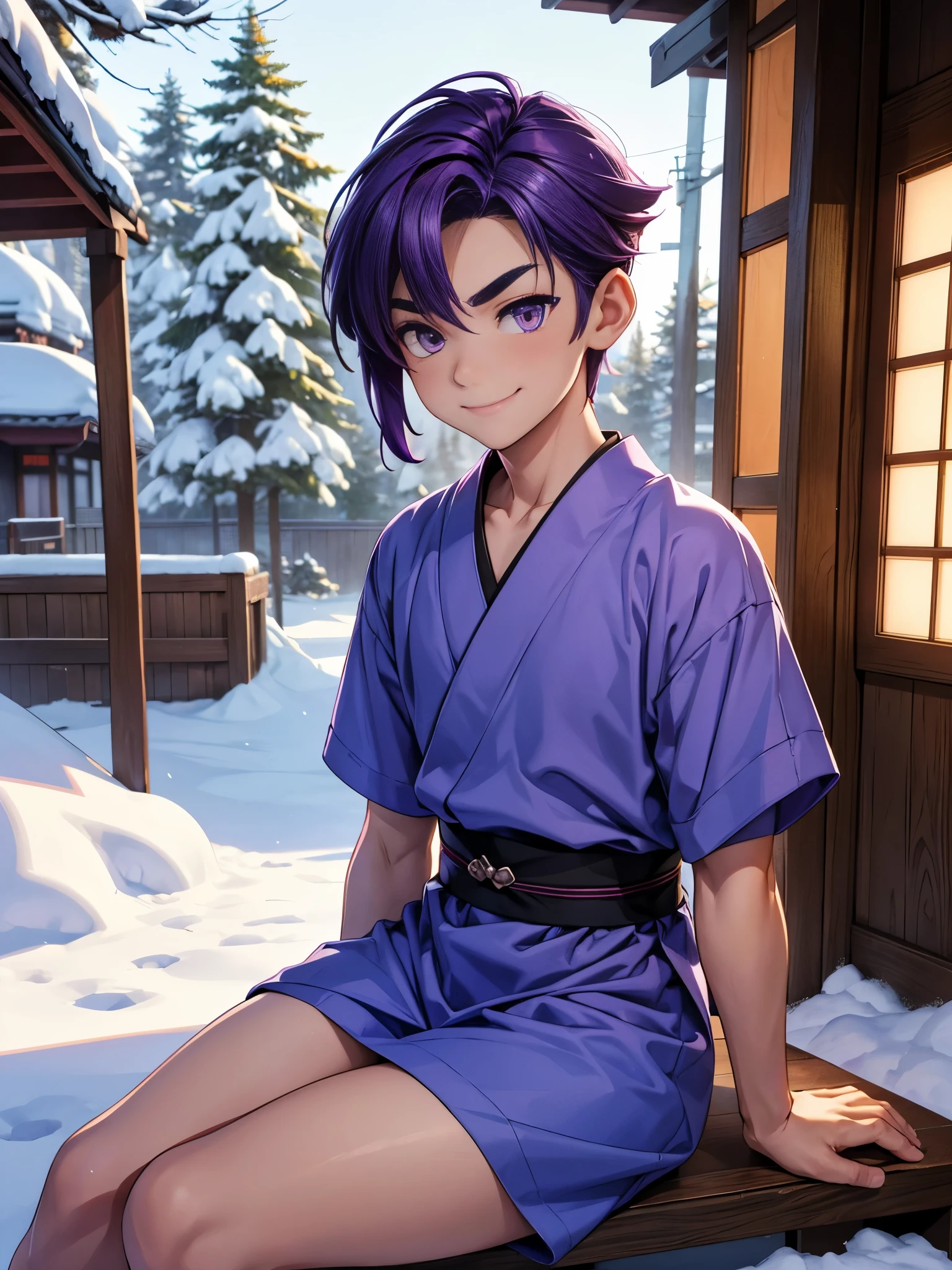 Nendoroid-style 3D SD character. Boy. Purple hair. Straight bobbed hair with little bounce. He has purple eyes with a glazed look. Thin, arched eyebrows. Eyebrows are lowered. Red cheeks. He is smiling with a sleepy look on his face. He is sitting on the porch of a Japanese-style room, watching the snow piling up in the garden.