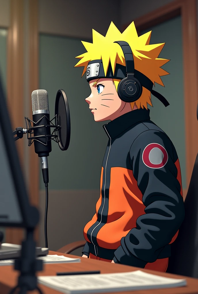 Naruto charecter sitting in a podcast. 