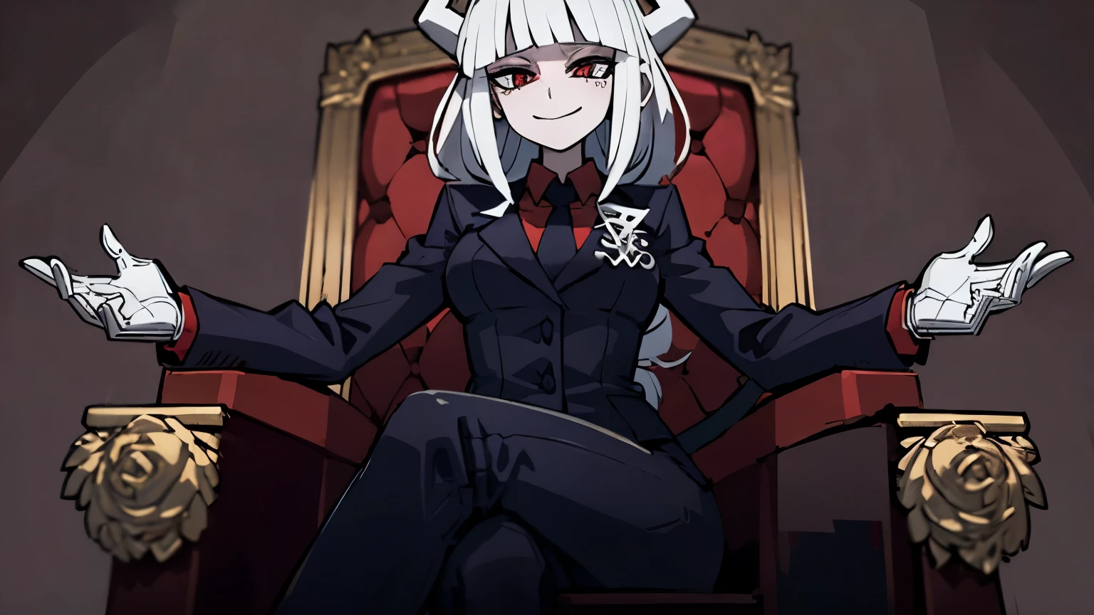 female character lucifer from helltaker, long straight white hair with bangs, red eyes, mischievous and seductive smile, sitting on a hellish throne with crossed legs, black female suit, red shirt, black tie, white gloves, white horns, simple crown with spikes, demon tail, image that demonstrates superiority of the character and environment and sexy posture, hellish scenery in the background, high definition, high resolution, intricate details