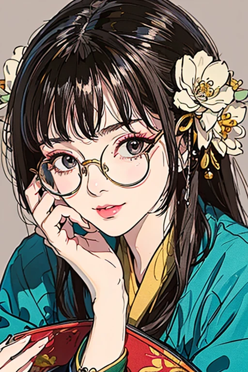 (( top quality)), ((傑 top quality、masterpiece、High sensitivity、 high definition、 detailed depiction 、 Delicate Face Description))Slender Woman、Glasses、 kimono、 colorful kimono、 hair ornament、 socks、geta、
