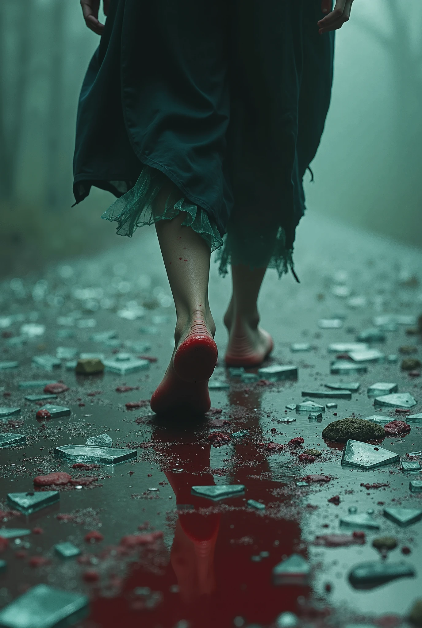 A winter landscape painting in a storm, wide-angle shot, featuring a dirty, bare footed, naked woman wearing a (tattered) red dress, struggling to walk on the snow, messy hair, oil painting style, realistic, award-winning work