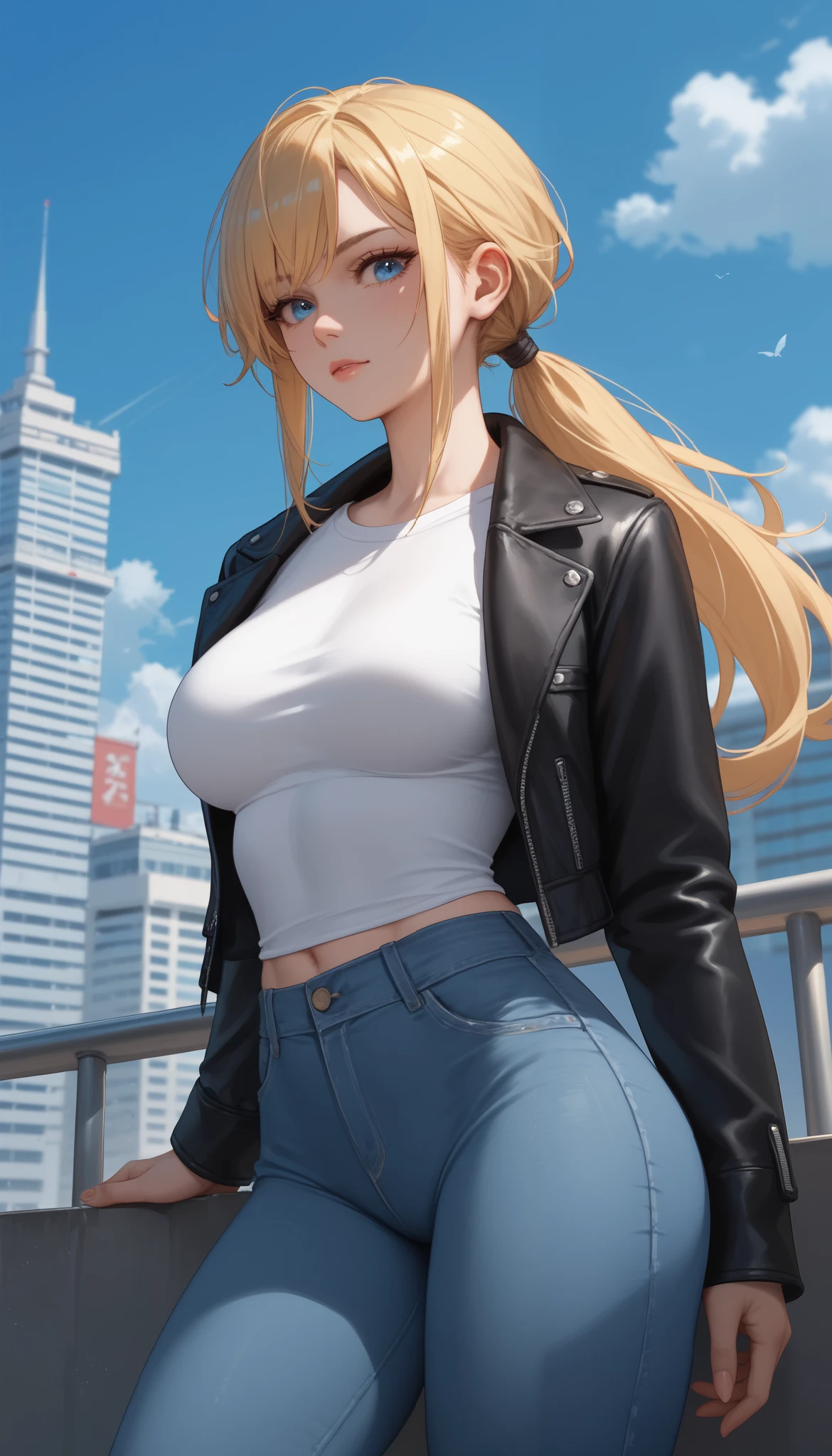 A beautiful, athletic woman with long golden blonde hair styled in a ponytail, white skin and blue eyes, dressed in a black leather jacket, white T-shirt and tight blue jeans. Looking down in the direction of the city streets from the balcony of a tall building during a winter night.