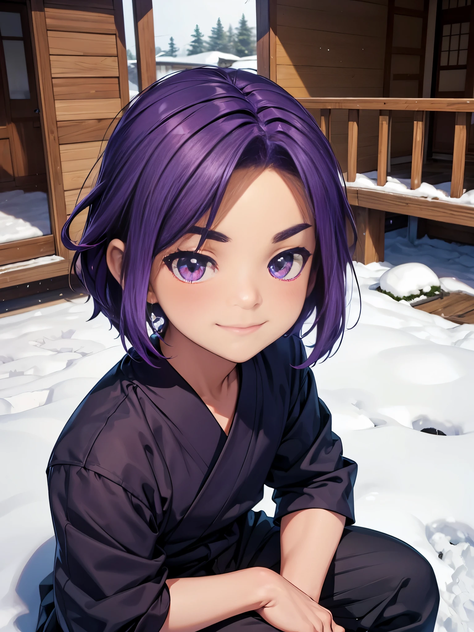 Nendoroid-style 3D SD character. Boy. Purple hair. Straight bobbed hair with little bounce. He has purple eyes with a glazed look. Thin, arched eyebrows. Eyebrows are lowered. Red cheeks. He is smiling with a sleepy look on his face. He is sitting on the porch of a Japanese-style room, watching the snow piling up in the garden. 