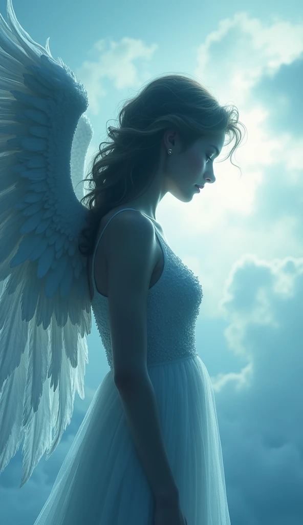 blue sky, a mystical fallen angel sitting on the edge of a cliff, her huge low-hanging wings partially obscured, yet her full, beautiful body still visible, wearing a short robe, she is a little dirty after a small accident, (best quality,4K,8K,high resolution,artwork :1.2),Ultra-detailed,(realistic,photorealistic,photorealistic :1.37),dramatic lighting,cinematic,fantasy,dark and moody atmosphere,dramatic lighting,volumetric fog,glowing details,intricate feathers,porcelain skin,highly detailed face,chiaroscuro,dramatic shadows and highlights,dark color palette,full body shot,