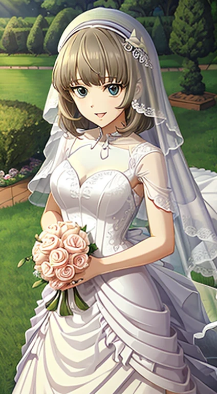  top quality,  ultra detail ,, One Girl , Alone,  At Nikkean, squint,   short_hair, open_mouth, big_chest,  brown_hair, hair_ ornament, ,beret,   COWBOY SHOOTING , Heterochromia,  green eyes,  blue eyes,, blunt bangs, , hair accessories,hairの花,( wedding dress:1.2),white dress,(Veil:1.2),garden,smile,Outdoors, is standing, cowboy shot, Holding a Bouquet ,