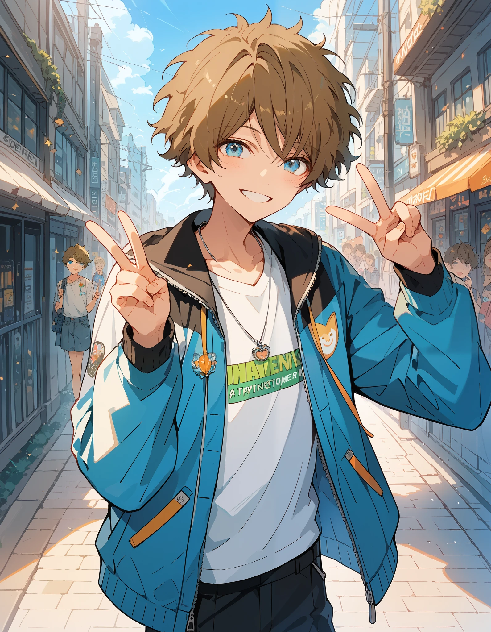 masterpiece, (最 High Quality ), ( High Quality ), dark modern street ,  one boy, Alone, brown hair 、Light blue eyes、, (change:0.9), smile, , V shaped sign ,Depth of subject , cute boy,  Best Body ,  Blancing ,  high definition, 4K,  best upscale,