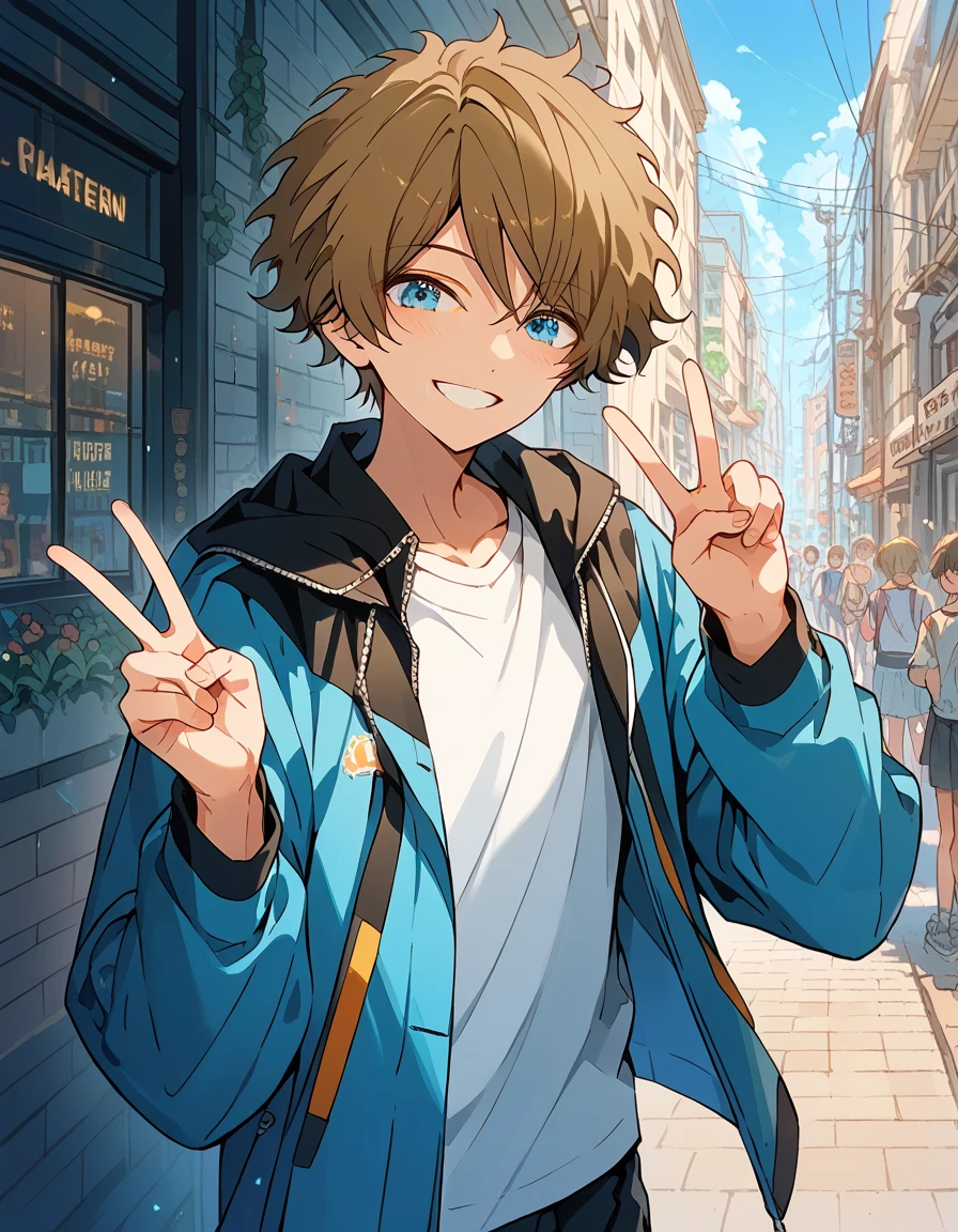 masterpiece, (最 High Quality ), ( High Quality ), dark modern street ,  one boy, Alone, brown hair 、Light blue eyes、, (change:0.9), smile, , V shaped sign ,Depth of subject , cute boy,  Best Body ,  Blancing ,  high definition, 4K,  best upscale,