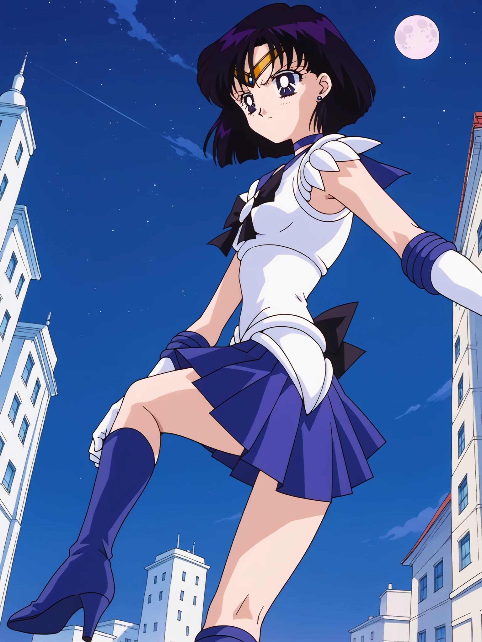 score_9, score_8_ up, score_7_ up,
 source_anime, (((flat color, Vector art))), (((small breast))), (((kick up, skirt lift, show own white leotard))), 
 top quality, masterpiece,
hi res,  digital media ( artwork), 
anime塗り絵, 
overview, 
animeスクリーンキャップ, 
(Modern Background, visual novel background , anime wallpaper, night,  starry sky ,  full moon,  Japanese school gate , Huge buildings, Large building, Residential Street) (((pastel color back ground)))
(((From below, Rear View, dutch angle))), full body, 
(looking back), 
(Telephoto lens perspective, Zoom-in composition, :1.1), 
 expression of disgust, 
break, 
((( One Girl ,  Alone))), (((Petite, Short stature, Very cute face))),
 Sailor Saturn, Tomoe Hotaru, (((short hair))),  black hair,  dark eyes,  stud  earrings,
 Sailor Saturn, ,  tiara ,  sailor warrior uniform , black ribbon, Purple sailor collar, bow, knee boots, high heel boots,  choker ,   White Gloves, purple  choker , elbow gloves,   jewelry,  earrings,  purple skirt,   Magical Girl,  