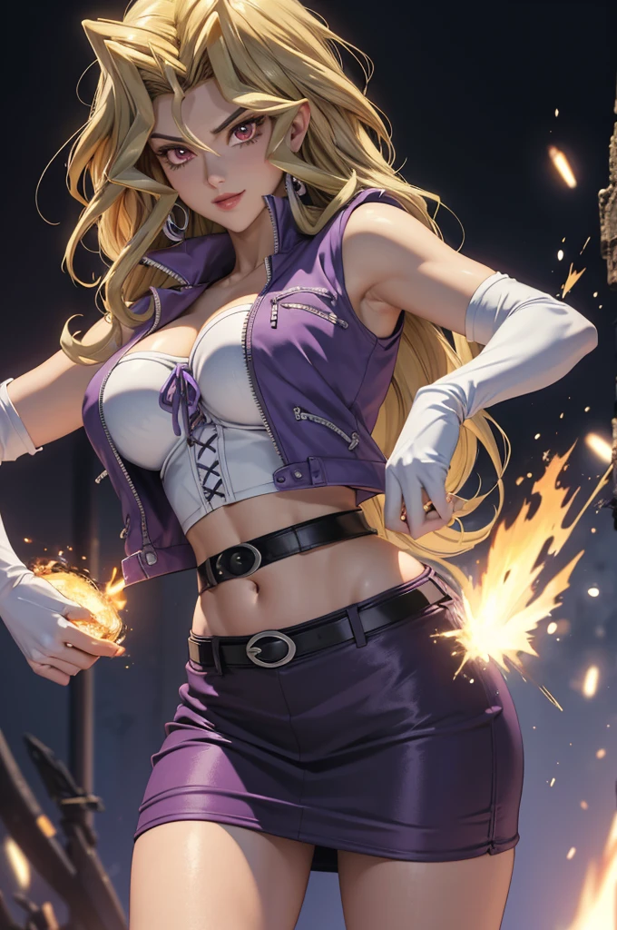 1 female, mai valentine,  blonde hair,  red eyes art, breasts, Blush, purple skirt,tight skirt, mini-skirt,   long hair , large breasts,  elbow gloves , white gloves, navel,  cleavage,  highlighted sleeves , diaphragm, belt, vest, short top, busty,europeu,Sensual, Close-up of the trunk , photographed from the front, dynamic angles ,Blush, average, Outside,  shy smile,dark sky, forest,  perfectly highlight complex anatomical features. SFX complement the visual art, Engaging the viewer. The level of detail is inspiring,  with meticulously crafted complex elements , Realistic 1.2,  volumetric effects add depth and dimension, and the photorealism is unmatched.  The image is rendered in 8K resolution ,  ensuring super-detailed visuals .  Volumetric lighting adds a touch of magic ,  highlighting your beauty and aura in a supernatural way .  High Dynamic Range technology  (HDR) makes colors stand out, adding richness to the overall composition.  at the end of the day , this art presents an unreal portrait.