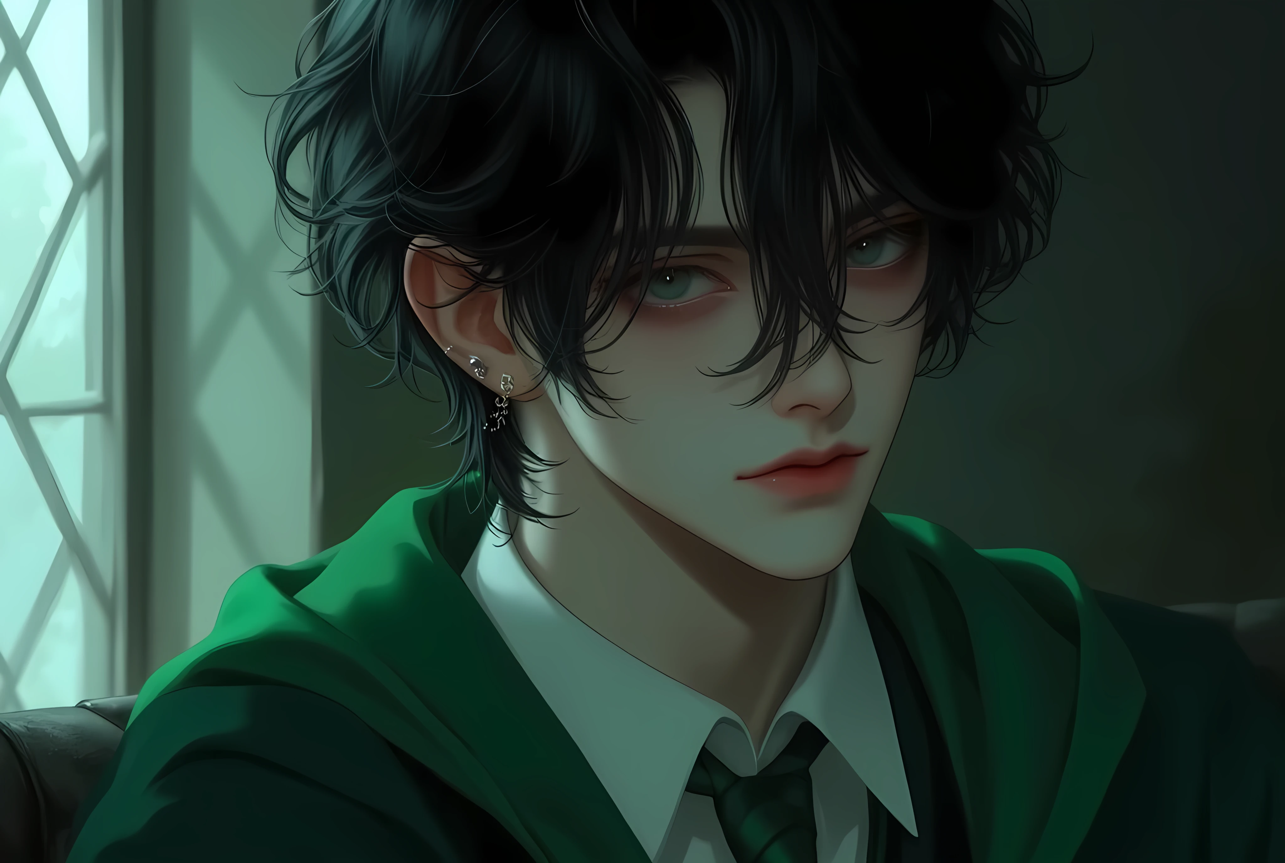 Slytherin's model photo、Artist photo、 one beautiful bad boy 、dark illustrations、20 years old、 Japan-Korea half、Smoothly drawn、Softly drawn、Black short hair、 handsome and arranged hair 、White Eyes、Cool narrow eyes、Small face、 Tall、 style、Seduce、 boring expression 、 cute girl with piercings 、Slytherin student uniform、 green tie、Slytherin、 Portrait、 taken from the side、 model shooting、 taken in Hogwarts dorm room at night、Loving crows 、Light shines in the room、 his full body shot 。 using RenderMan renderer 。 high definition、 high contrast、 high chroma。