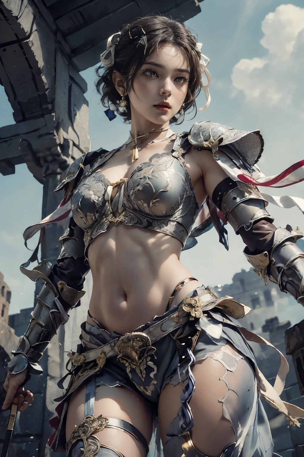 (( photoshoot)),(( top quality,8k)), ((masterpiece)), ( Details), Photographically, High Definition, Knight Girl ,(medieval fantasy background :1.3), Detailsな美しい顔,(Beautiful contrasting eyes :1.2), knee up ,   White Short Bob,( will brush up his hair:1.3), (( armour decorated with ribbons:1.5)),( natural light:1.3),(Chest,clavicle,Waist,navel:1.3),Lace Cape,Stone Wall,( dynamic posing from below:1.5)