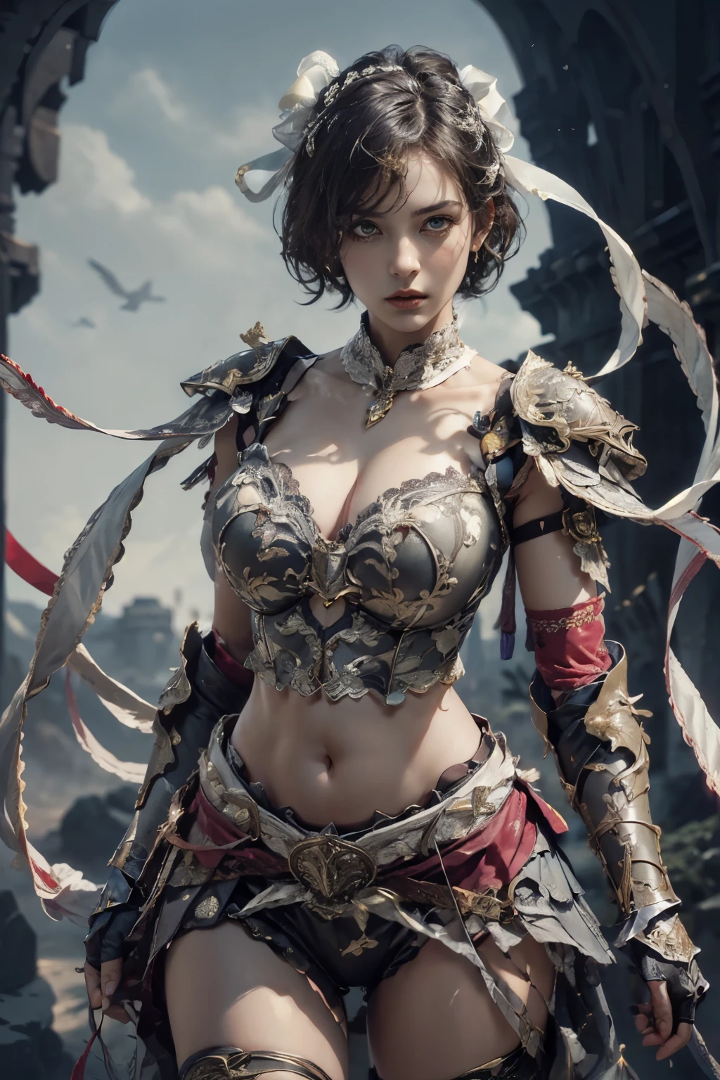 ((  top quality,8k)), ((masterpiece)), (   Details), Photographically,   High Definition , Knight Girl ,(medieval fantasy background :1.2), Detailsな美しい顔,(Beautiful contrasting eyes :1.1), knee up ,   White Short Bob,( will brush up his hair:1.1), (( armour decorated with ribbons:1.5))，Heavy Gauntlets,(Massive Bracers :1.5),(Chest,clavicle,Waist,navel:1.3),Lace Cape,Stone Wall, dynamic posing from below