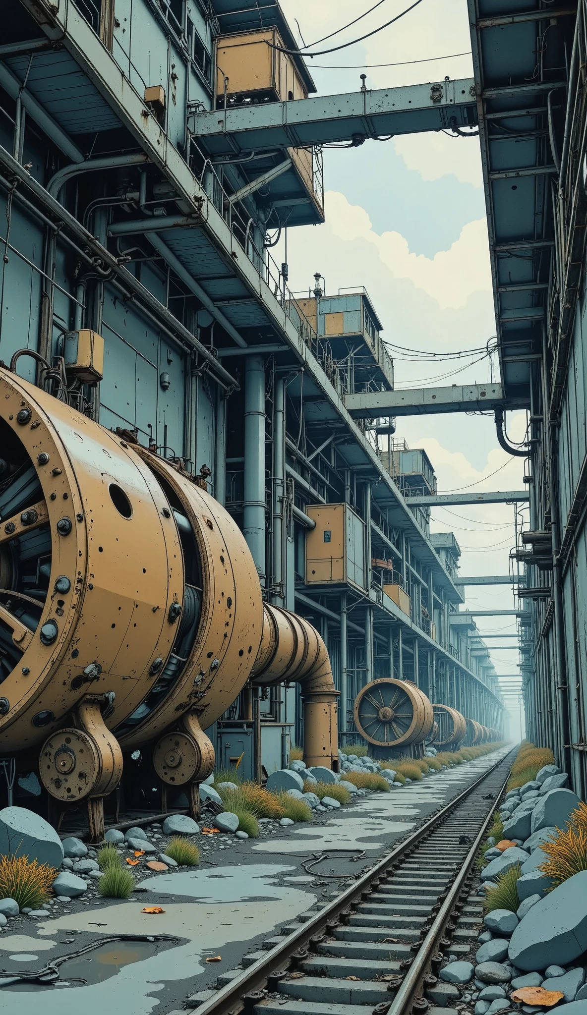 ( better quality,4k,8K, high resolution, masterpiece:1.2), ultra detailed, sharp focus,( realistic ,photo realistic ,fotor realistic a:1.37), Extremely fine details , intricate details , bright colors ,,Deep contrast, cinematic depth of field , cinematographic composition ,cinematic camera angle(Photograph of an abandoned rusty ship.:1.5, scenario focusing on abandoned industrial machinery.), abandoned coal mine landscape , machine placed , (( 放置されたheavy equipment , Industrial waste )), quiet, , minimalist, industrial environment, heavy equipment , web, dusty, Disturbing silence , collapsed walls, oxide, overgrown vegetation , remnants of past activities , dark space, broken window, colores quiets, mysterious atmosphere