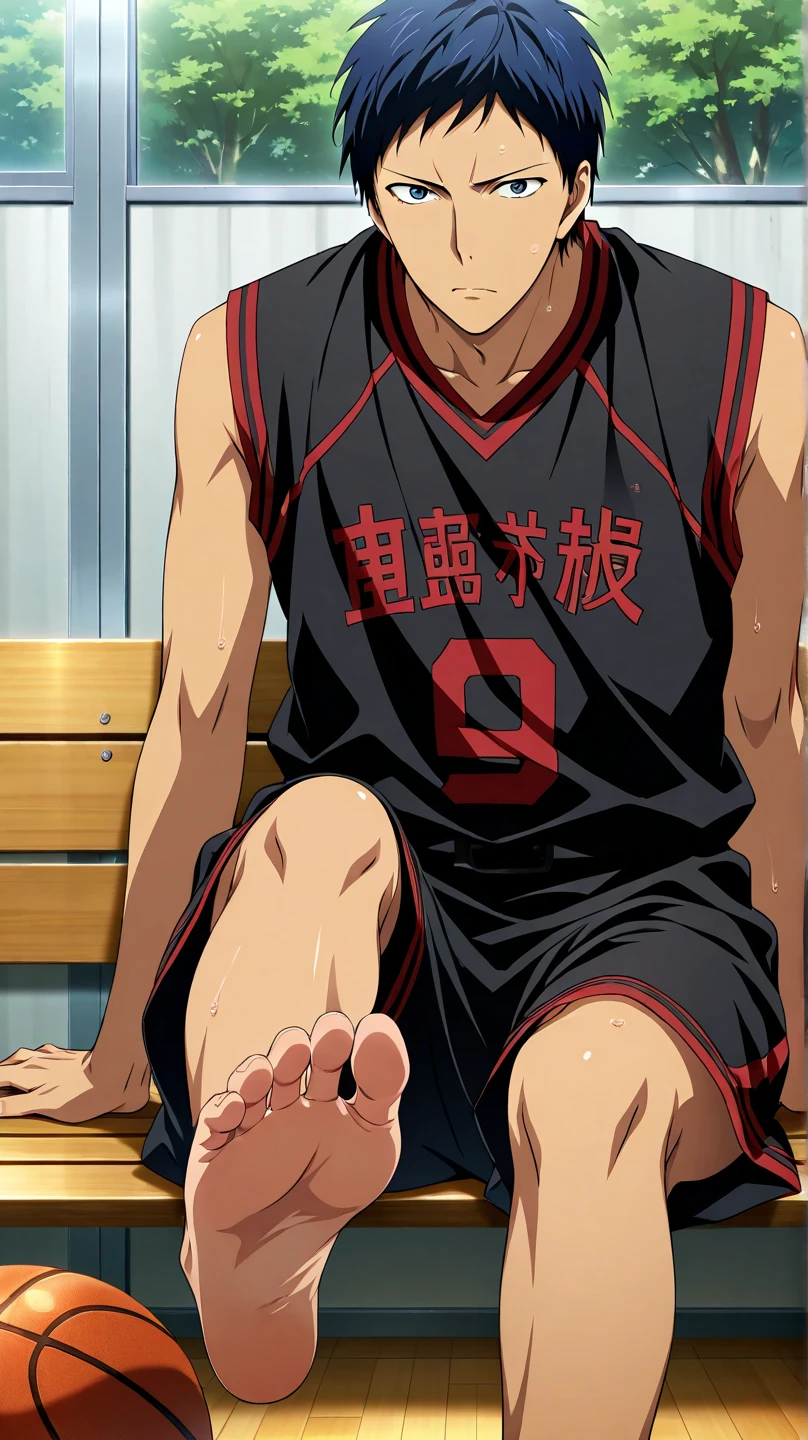 score_9, score_8_up, score_7_up, score_6_up, detailed, ,source_anime, male focus
daiki aomine, blue hair, blue eyes, black sportwear, basketball uniform, bare feet focus source_
He is sitting on a bench while his bare feet (soles) are resting on a footrest (super near to the camera) making a focus on his soles. He has five toes on each feet, no more. 