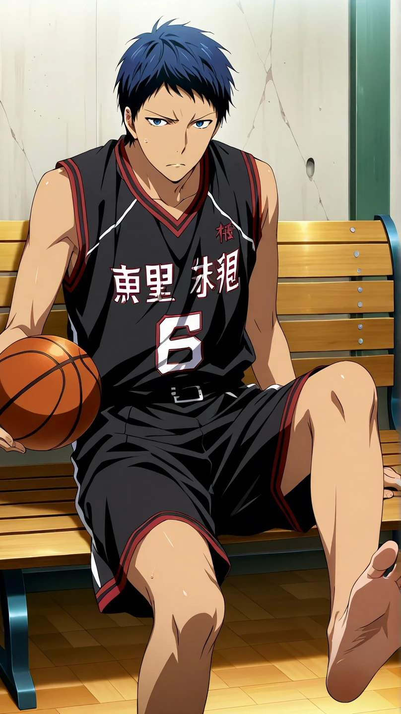 score_9, score_8_up, score_7_up, score_6_up, detailed, ,source_anime, male focus
daiki aomine, blue hair, blue eyes, black sportwear, basketball uniform, bare feet focus source_
He is sitting on a bench while his bare feet (soles) are resting on a footrest (super near to the camera) making a focus on his soles. He has five toes on each feet, no more. 