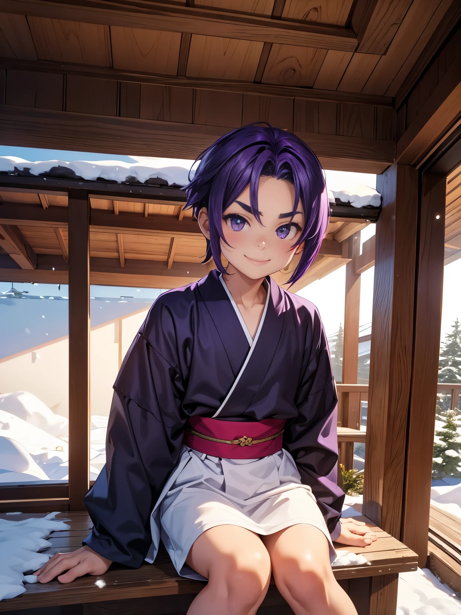 Nendoroid-style 3D SD character. Boy. Purple hair. Straight bobbed hair with little bounce. He has purple eyes with a glazed look. Thin, arched eyebrows. Eyebrows are lowered. Red cheeks. He is smiling with a sleepy look on his face. He is sitting on the porch of a Japanese-style room, watching the snow piling up in the garden. 