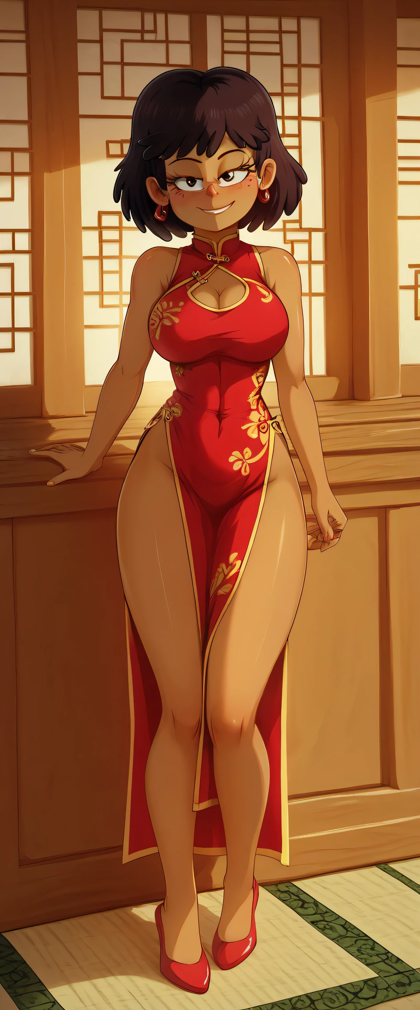 safe_pos, score_9, score_8_up, score_7_up BREAK d4rcy, dark-skinned female, the loud house, BREAK large breasts, BREAK looking at you, cheongsam, inside of a chinese temple, full body view, medium hair, standing