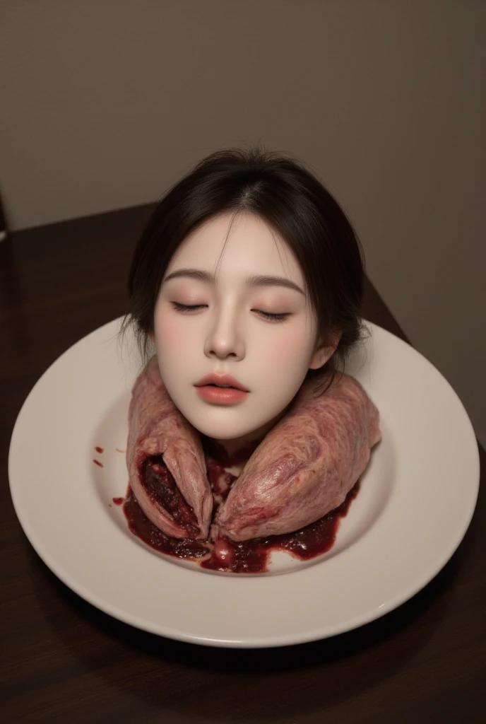   place the head of a decapitated woman , Asia,  Less blood stains   , ((  with eyes closed )),   like a dish on a plate  , Bloody,  actual , 4K, Nikon, fear