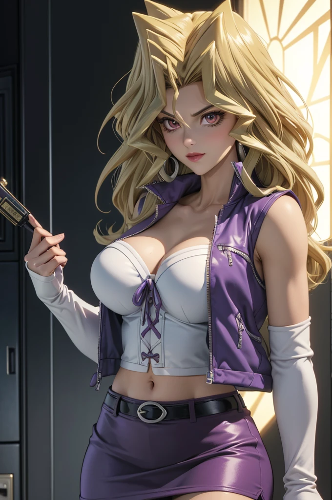 1 female, mai valentine,  blonde hair,  red eyes art, breasts, Blush, purple skirt,tight skirt, mini-skirt,   long hair , large breasts,  elbow gloves , white gloves, navel,  cleavage,  highlighted sleeves , diaphragm, belt, vest, short top, busty,europeu,Sensual, Close-up of the trunk , photographed from the front, dynamic angles ,Blush, average, Outside,  shy smile,dark sky, forest,  perfectly highlight complex anatomical features. SFX complement the visual art, Engaging the viewer. The level of detail is inspiring,  with meticulously crafted complex elements , Realistic 1.5,  volumetric effects add depth and dimension, and the photorealism is unmatched.  The image is rendered in 8K resolution ,  ensuring super-detailed visuals .  Volumetric lighting adds a touch of magic ,  highlighting your beauty and aura in a supernatural way .  High Dynamic Range technology  (HDR) makes colors stand out, adding richness to the overall composition.  at the end of the day , this art presents an unreal portrait.