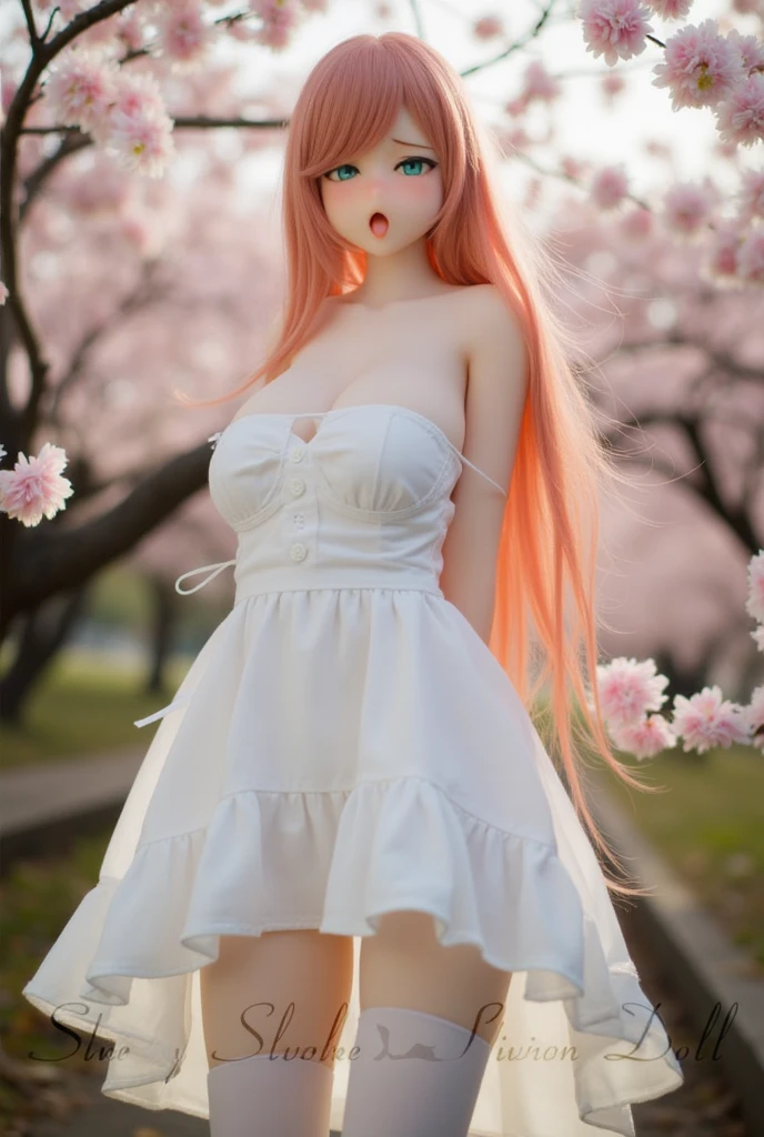 1sex doll,cinematic angle,nature,Cherry blossoms,very_long_hair,sweet_lolita,white_thighhighs,arms behind back,