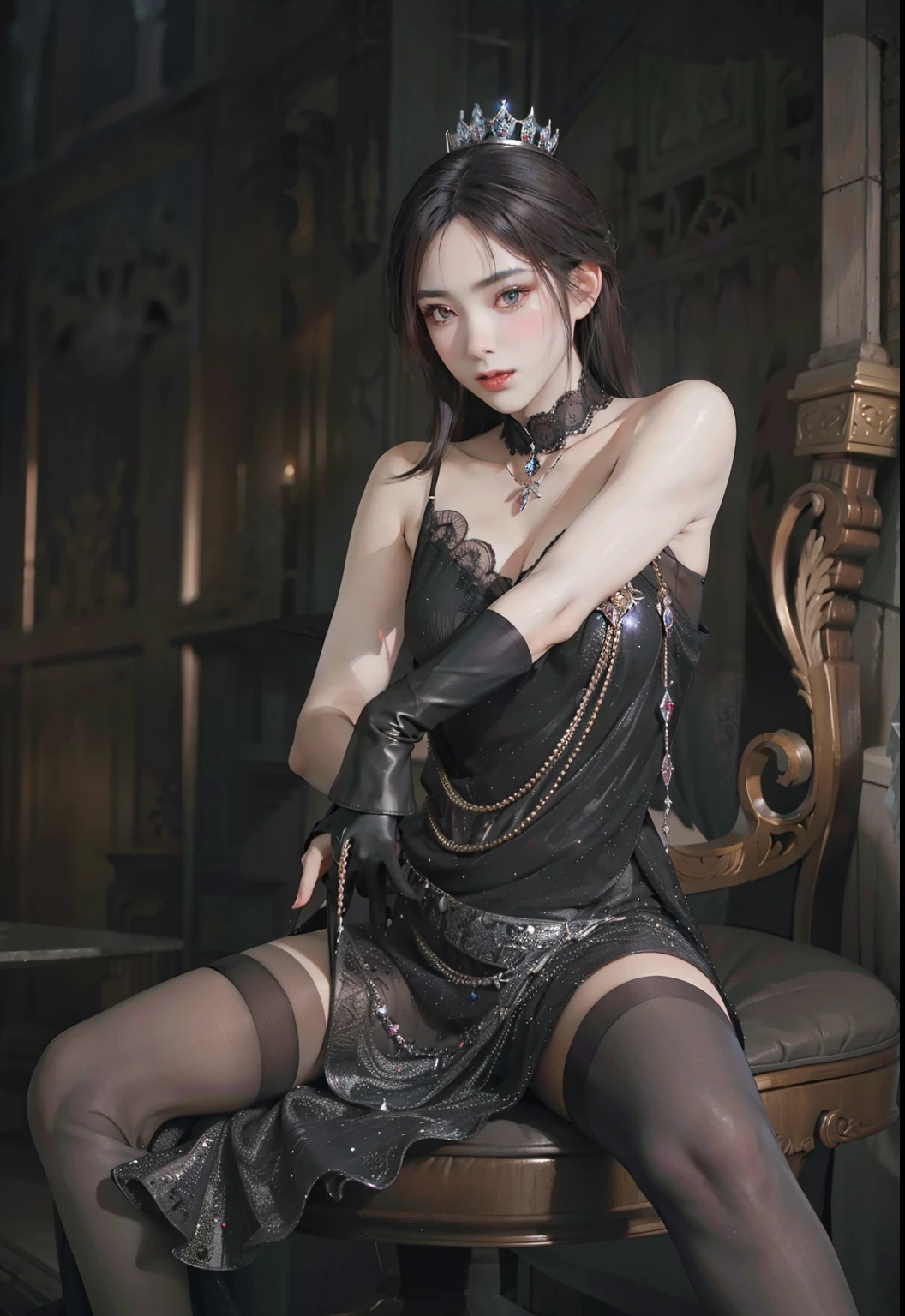 
nonsense, table top, best quality, NFFSW, 1 girl came in, mature woman, (Sharp focus), villain&#39;smile, Medium bust, (ผมบนพื้นหลังblackยาว), (gray eyes), (Detailed eyes), Gothic lace dress, black and Red theme, realism, black_castle, very detailed, bright, complicated details, realistic