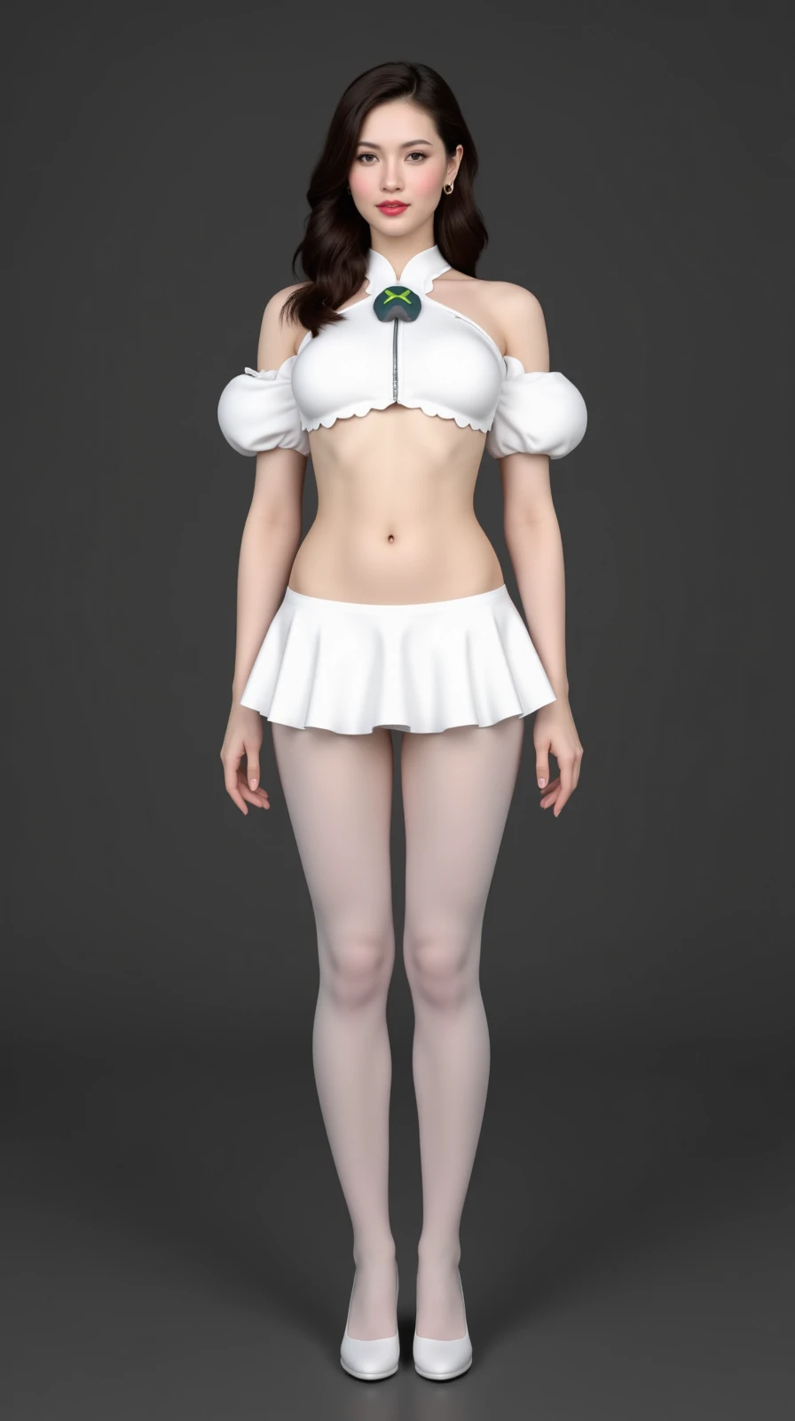 ((full body Esbian)),realisitic, (White silk camisole, White panties), ((japanes,A girl child,A dark-haired)), (slim, Small, Flat, Small), Photorealistic, detail, Skin Texture, Ultra Detail, Super Detailed Face, Detailed lips, bashfulness,White panties are visible from the skirt、10yaers old