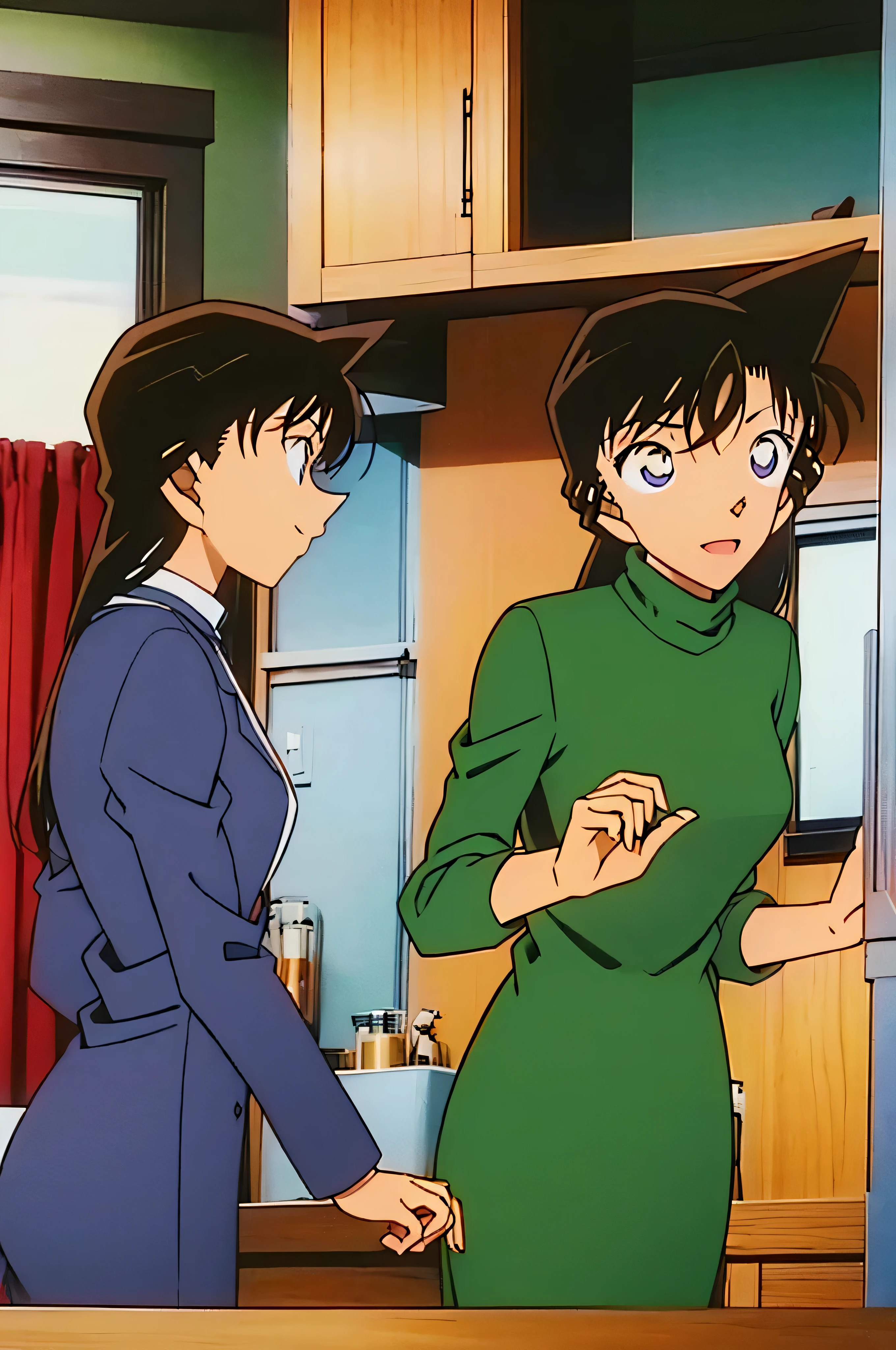 1girl、{{{mouri ran}}}, {{{meitanntei conan}}}, {{{long hair}}}, {{{official style}}}, {{{adult}}}, tight green dress (turtleneck, simple, long sleeves) 、 (light green cropped short jacket), green socks,kitchen,bringing upper body to the sink, open, leaning forward, emphasizing the buttocks, butt to the front