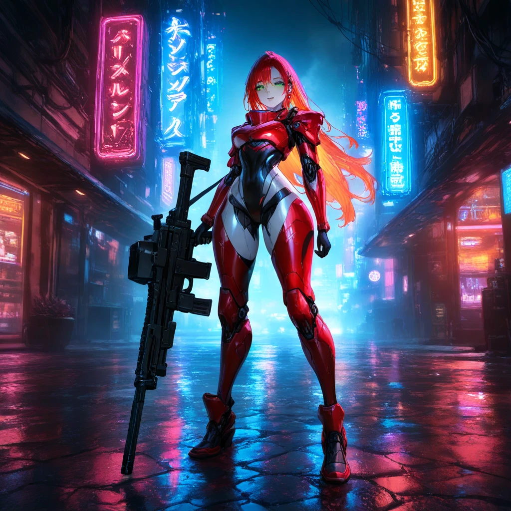 Combat Gynoid with fiery red hair, curvaceous figure with a narrow waist and wide hips, pale skin, piercing green eyes, grasping a sleek sub-machine gun, clad in high-tech black and red armor with metallic accents, set against a dystopian cyberpunk backdrop with neon lights reflecting off wet pavement, rendered in a detailed, high-contrast matte painting style with deep, rich colors, blending the dark, gritty aesthetic of Syd Mead with the vibrant, neon-lit futurism of Ash Thorp and the intricate, mechanized details of Simon Stalenhag, inspired by the fantasy concept art trending on Artstation, with a cinematic, 8k resolution quality reminiscent of Unreal Engine 5, emphasizing bold, complementary colors and dramatic lighting