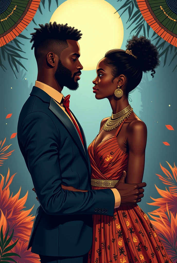 Make an image of two Umbanda entities, Black Joe and Mary Razor. Make both friends, on a dark and starry night. Mr. Zé Pretinho is black and wears a black suit, black hat and red tie.Dona Maria Navalha also wears a black and red suit