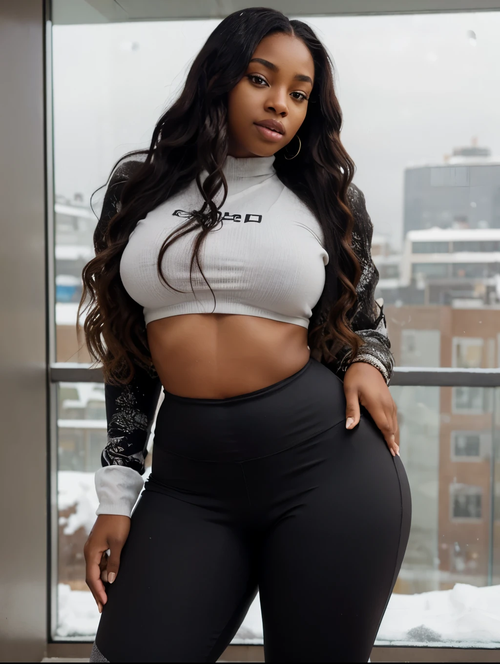 Mixed black ethnicity, curvy girl, long straight hair, wearing shirt and black tights