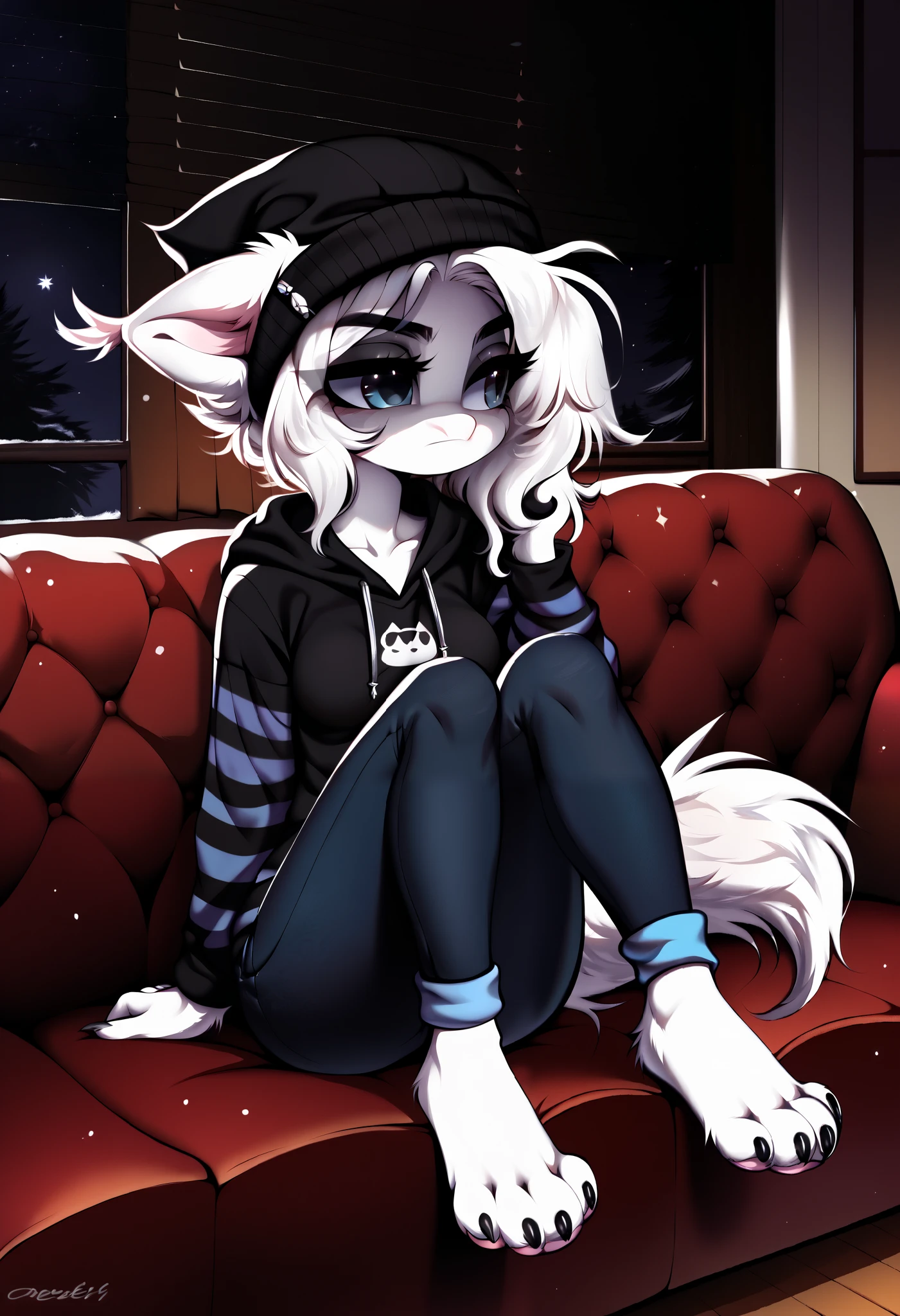 (best quality, masterpiece:1), solo, (shaded face:1.2), furry female anthro cat, (noseless:1.1), sitting on couch, living room, tail, medium breasts, bored, looking away, closed mouth, ((Correct anatomy))), (mocking smile), (shivering:1.2), half-closed eyes, beanie, black hoodie, striped sleeves, black jeans, cat paws, visible feet, black and white fur, (living room background, night), by kenket, Ross Tran, ruan jia, zaush, foxovh, by Zackary911, by hyattlen, by teranen, by fumiko, by Pixelsketcher, by Bayard Wu, by Thomas Benjamin Kennington, by Einshelm, by Kilinah, by Coffeesoda, by Hioshiru, by fluff-kevlar, by r-mk, by Dimwitdog