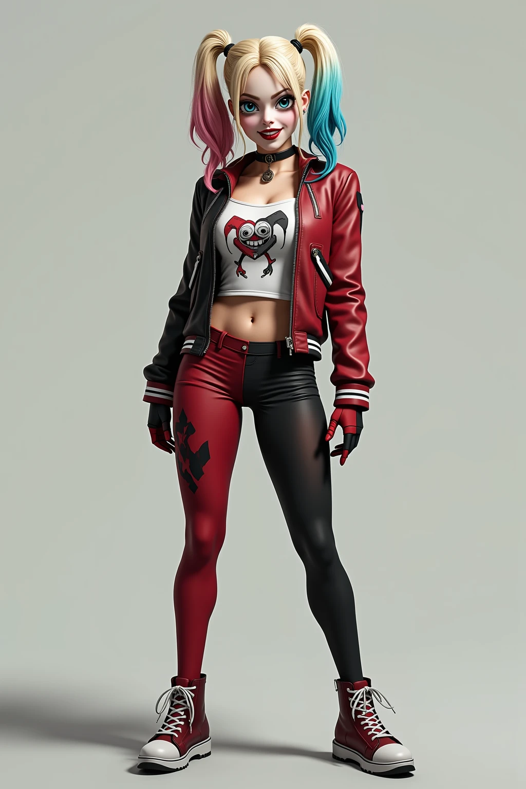 a female clown who has features of the Joker with unique makeup, purple hair, a scar on his face, a wider smile, looks scarier and has a red nose, tattooed, full body view. Skinny ite. In front of a wall with graffiti