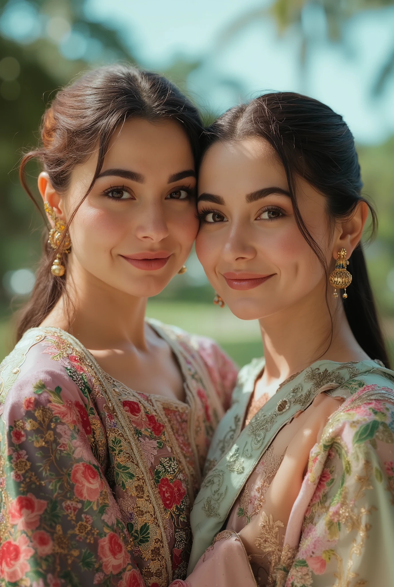 twin pakistani woman standing together in a park, close-up, photo-realistic, ultra HD, 8k, highly detailed portrait, RAW taken from Canon DSLR