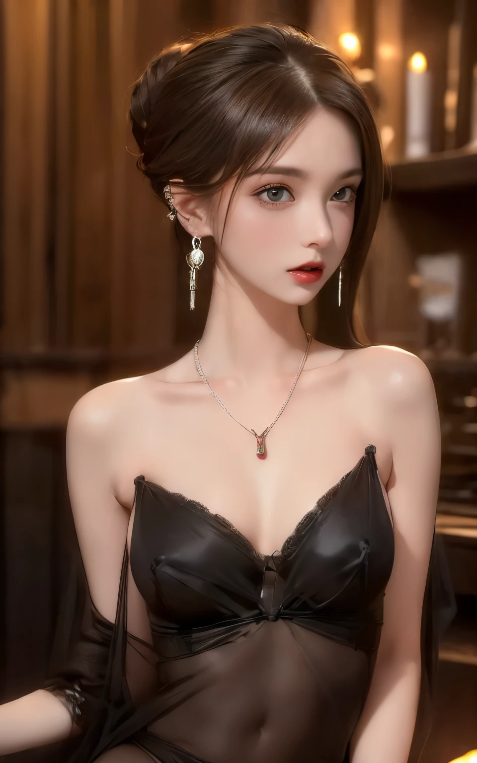1 beautiful devil woman from hell, In the Dark: 1.6), surreal female portrait by David Hockney and Alphonse Mucha, fantasy art, korea doll, photorealism, dynamic lighting, artstation, poster, volumetric lighting, very detailed faces, 8k ultra, Awarded, in the dark, deep shadow, low key, cowboy lens, (Red phoenix dress: 1.4), long hair, black hair, bust, luxurious palace, Royal style, devil crown, red eyes make up very sharp and detailed, The most beautiful face, The breasts are very big and round and round, Super realistic, chinese women's clothing, polo neck sweater, Charming smile, The eyes are very well made up, guweiz, devil style, wearing black mesh socks, Ponytail with a bow tied at the back of the hair, Red black lips, Devil tattoo on shoulder, wearing a thin red and black robe, the landscape is overcast and thunderous, (Portrait), Close-up of the main character, (Background details 1.8), cleavage