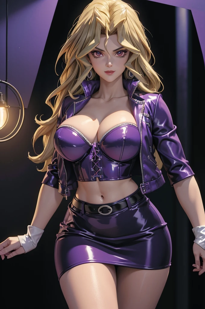 1 female, mai valentine,  blonde hair,  red eyes art,  big boobs,  purple latex micro bikini, purple latex skirt , tight skirt, mini-skirt,   long hair , large breasts,  elbow gloves , navel,  cleavage,  highlighted sleeves , diaphragm, europeu,Sensual, Close-up of the trunk , photographed from the front, dynamic angles ,Blush, average, Outside,  shy smile,dark sky, forest,  perfectly highlight complex anatomical features. SFX complement the visual art, Engaging the viewer. The level of detail is inspiring,  with meticulously crafted complex elements , Realistic 1.5,  volumetric effects add depth and dimension, and the photorealism is unmatched.  The image is rendered in 8K resolution ,  ensuring super-detailed visuals .  Volumetric lighting adds a touch of magic ,  highlighting your beauty and aura in a supernatural way .  High Dynamic Range technology  (HDR) makes colors stand out, adding richness to the overall composition.  at the end of the day , this art presents an unreal portrait.