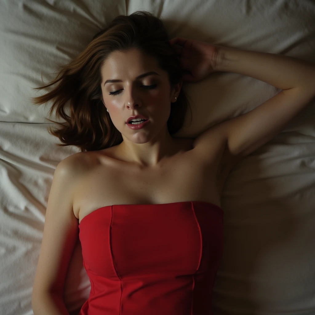 Anna Kendrick, picture from above, lying limp on a bed with white sheet on back, red strapless dress, sleeping, closed eyes, head tilt, mouth slightly open, loose arms, black make-up 