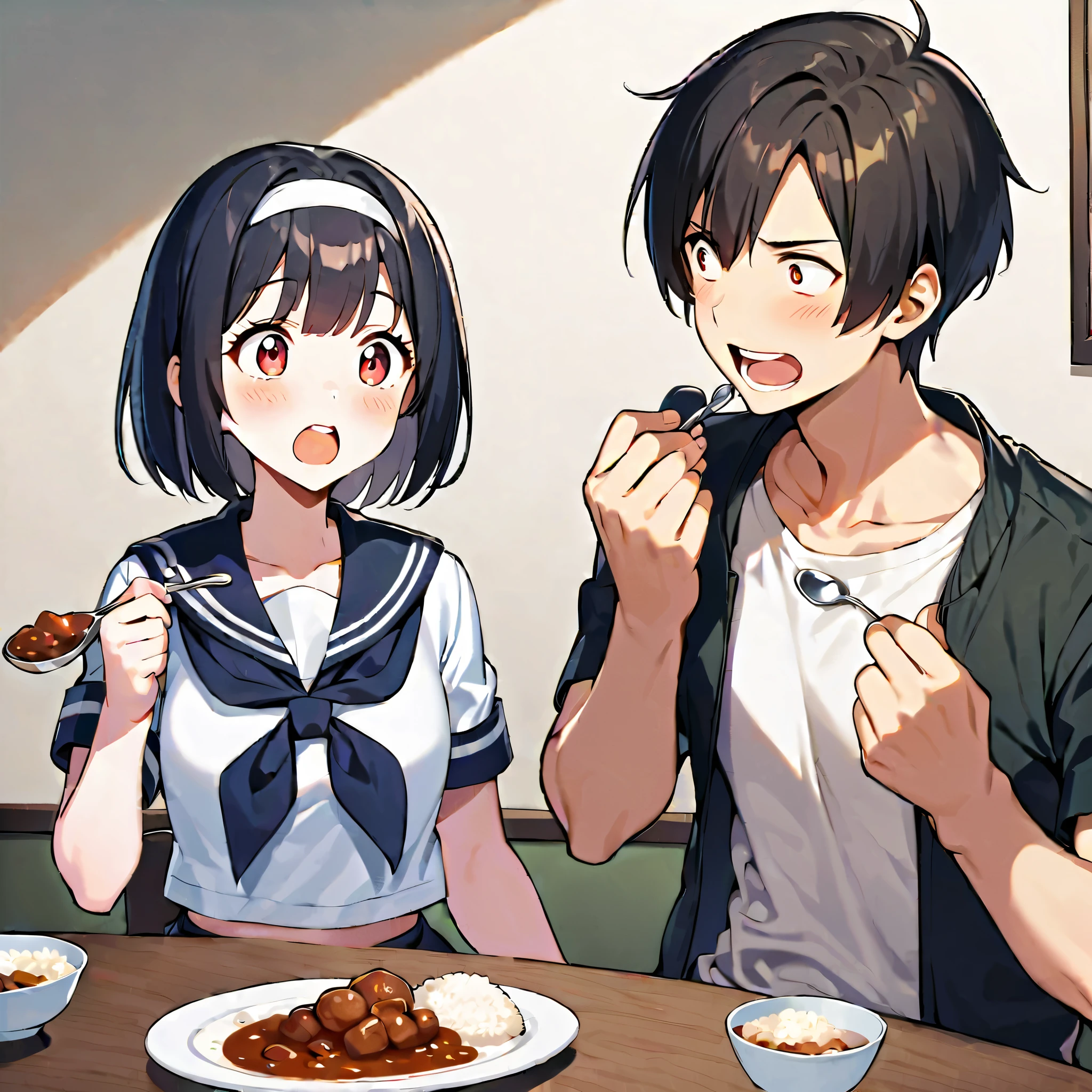 1girl, blush, short hair, open mouth, bangs, seifuku, black hair, red eyes, 1boy, holding, sitting, jacket, white shirt, short sleeves, hairband, food, open clothes, teeth, indoors, white skin, seifuku, cup, sailor, siblings, eating, table, plate, bowl, wide-eyed, white hairband, spoon, brother and sister, rice, holding spoon, curry
