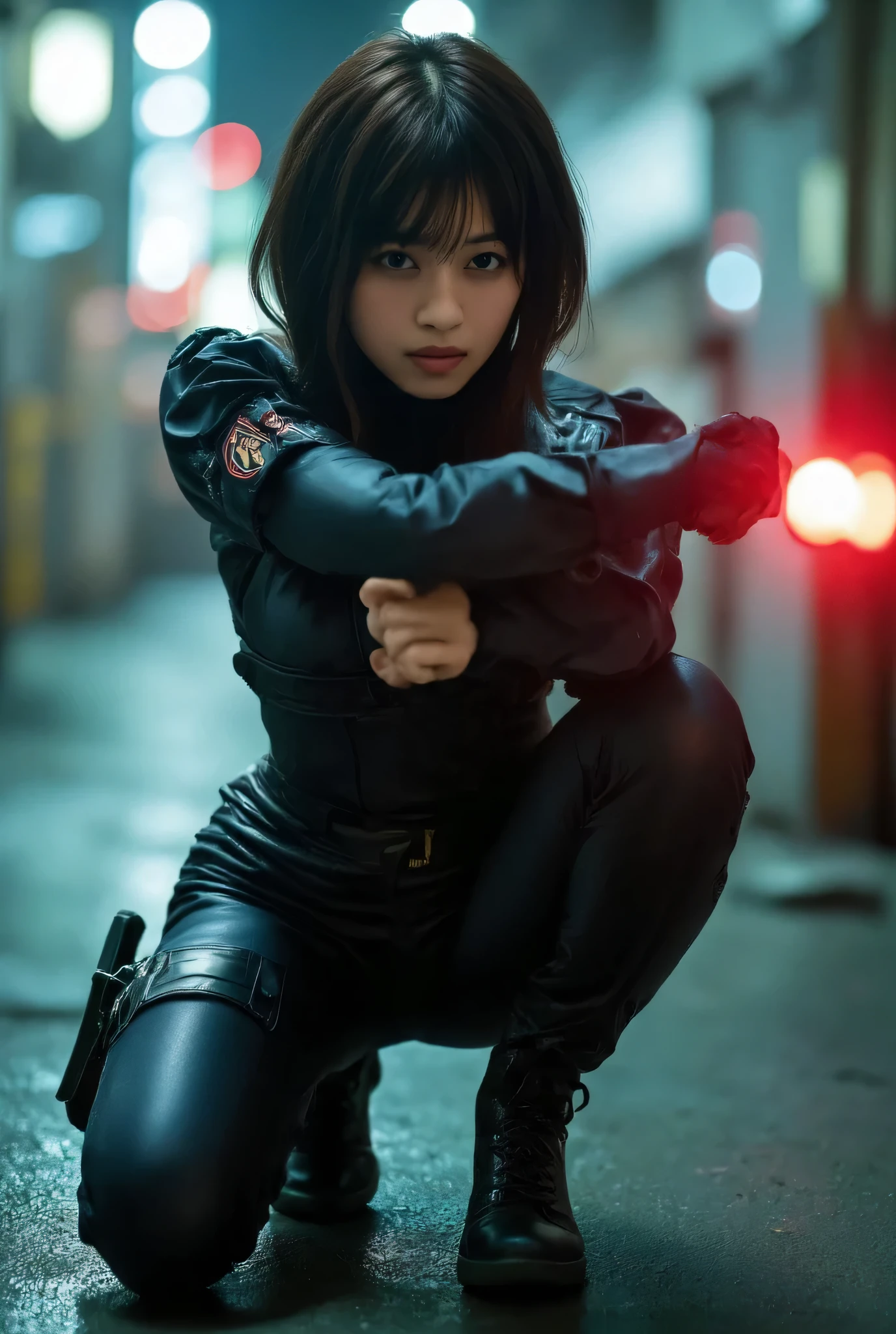 Beautiful special forces member wearing a racing suit