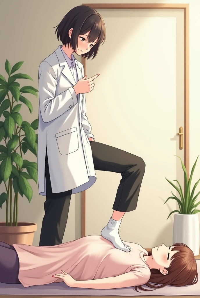 create the image of a 28 year old anime style character with short dark brown hair to the shoulder, round prescription glasses, skin fair, yellow seductive eyes, black jersey, lab coat and tailored pants, earrings and the body reasonably "big fit ass", she is lying tied to a table with her arms tied behind her back and her legs stretched out and tied in front with her bare feet with the soles exposed, This character laughs frantically as a mysterious man runs one over the soles of this character's feet.