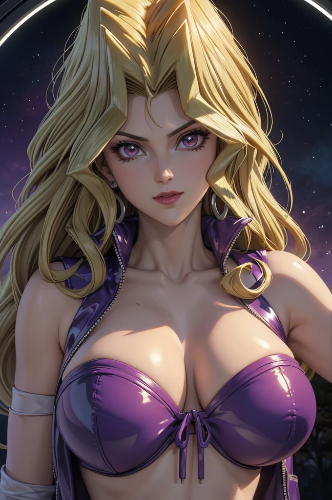 1 female, mai valentine,  blonde hair,  red eyes art,  big boobs,  purple latex micro bikini,  long hair , large breasts,  elbow gloves , diaphragm, europeu,Sensual, Close-up of the trunk , photographed from the front, dynamic angles ,Blush, average, Outside,  shy smile,dark sky, forest,  perfectly highlight complex anatomical features. SFX complement the visual art, Engaging the viewer. The level of detail is inspiring,  with meticulously crafted complex elements , Realistic 1.5,  volumetric effects add depth and dimension, and the photorealism is unmatched.  The image is rendered in 8K resolution ,  ensuring super-detailed visuals .  Volumetric lighting adds a touch of magic ,  highlighting your beauty and aura in a supernatural way .  High Dynamic Range technology  (HDR) makes colors stand out, adding richness to the overall composition.  at the end of the day , this art presents an unreal portrait.