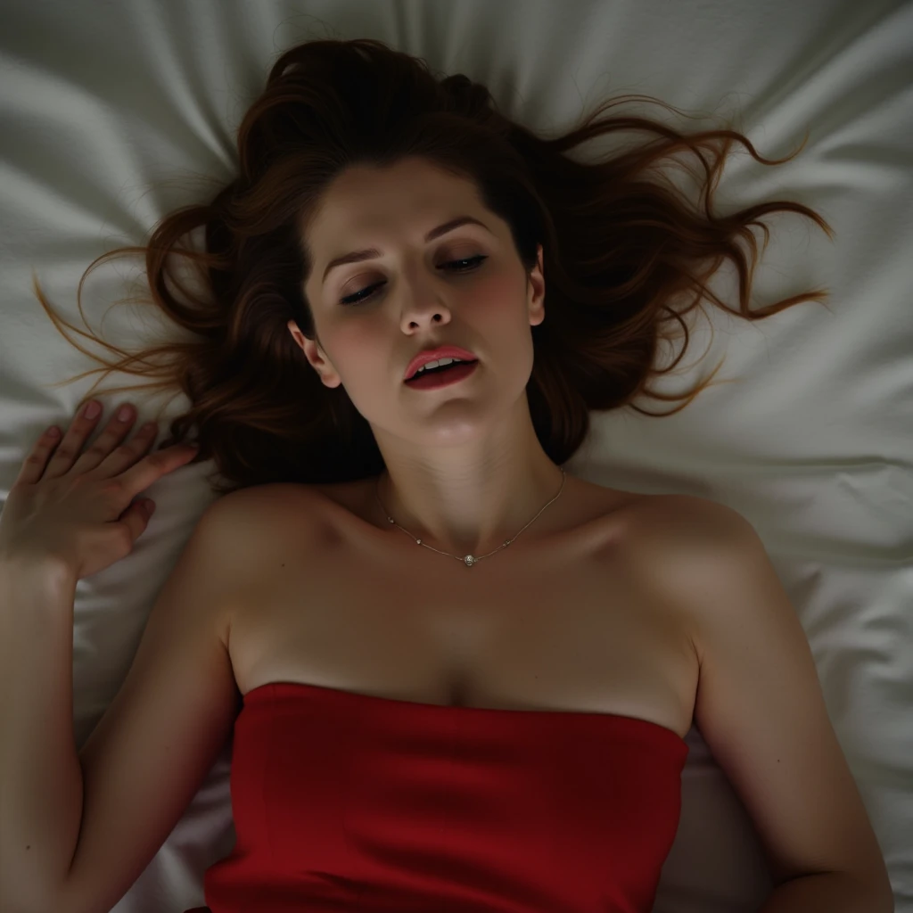 Anna Kendrick, picture from above, lying limp on a bed with white sheet on back, red strapless dress, sleeping, closed eyes, head tilt, mouth slightly open, loose arms, black make-up 