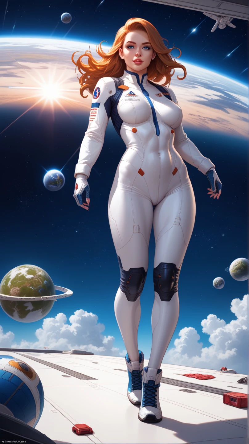 Astronaut, Hot girl, Sexy body, 28 yrs, big breasts, full body, illustration, space stars background, dynamic pose, dynamic lighting,