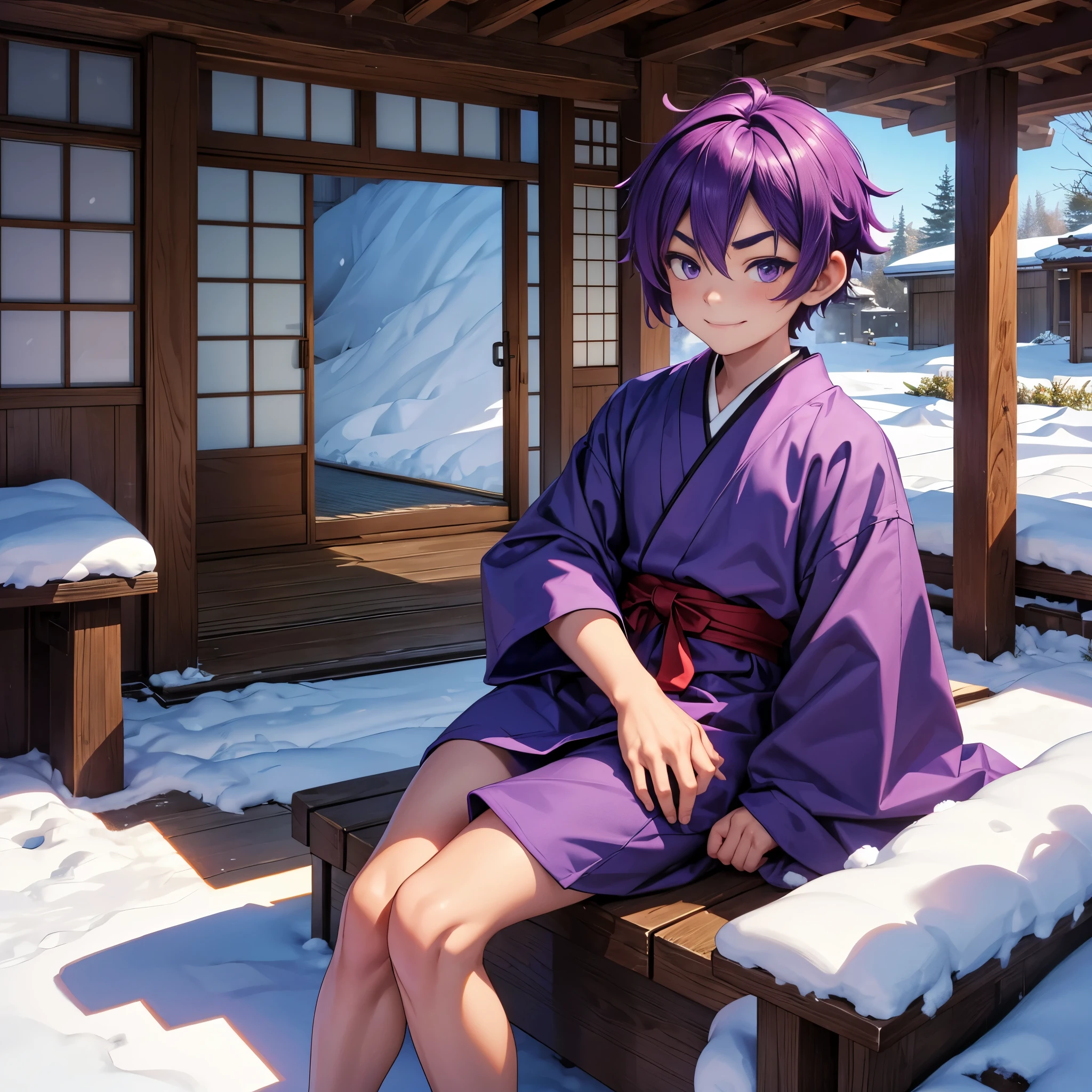 Nendoroid-style 3D SD character. Boy. Purple hair. Straight bobbed hair with little bounce. He has purple eyes with a glazed look. Thin, arched eyebrows. Eyebrows are lowered. Red cheeks. He is smiling with a sleepy look on his face. He is sitting on the porch of a Japanese-style room, watching the snow piling up in the garden.