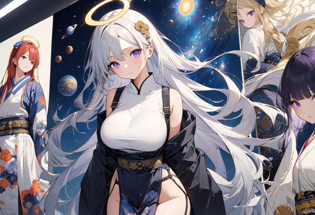 ((illustration)),(((Masterpiece))),((Best quality)),(high resolution), hignity 8k wallpaper, ((tchibi)), (Beautiful detailed eyes),(A high resolution), reflective hair,Paimundev, Large breasts,cleavage,standing, Lie down in bed,the original god,Paimon,Off-the-shoulder attire