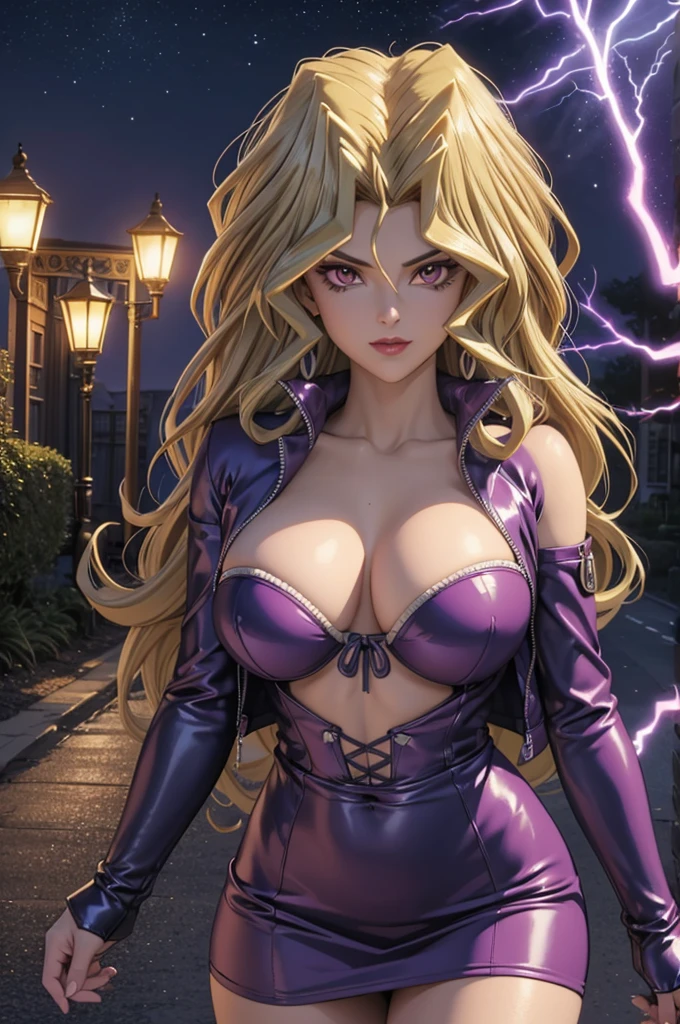 1 female, mai valentine,  blonde hair,  red eyes art,  big boobs,  purple latex micro bikini,  long hair , large breasts,  elbow gloves , europeu, Sensual,  Close-up of the trunk ,  photographed from the front,  dynamic angles , average, Outside,  shy smile,dark sky, forest,  perfectly highlight complex anatomical features. SFX complement the visual art, Engaging the viewer. The level of detail is inspiring,  with meticulously crafted complex elements , Realistic 1.5,  volumetric effects add depth and dimension, and the photorealism is unmatched.  The image is rendered in 8K resolution ,  ensuring super-detailed visuals .  Volumetric lighting adds a touch of magic ,  highlighting your beauty and aura in a supernatural way .  High Dynamic Range technology  (HDR) makes colors stand out, adding richness to the overall composition.  at the end of the day , this art presents an unreal portrait.