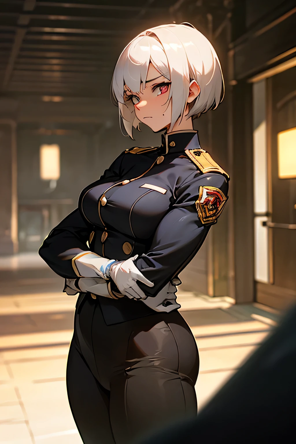 milf,brunette skin, japanese school dress,white hair,serious look,