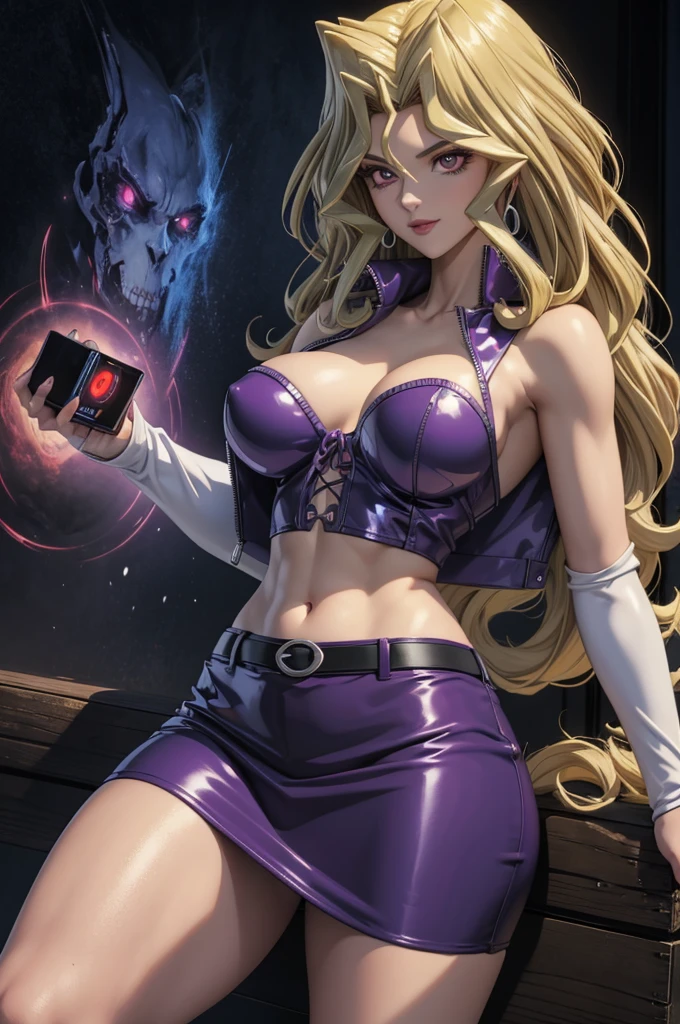 1 female, mai valentine,  blonde hair,  red eyes art,  big boobs,  purple latex micro bikini, purple latex skirt , tight skirt, mini-skirt,   long hair , large breasts,  elbow gloves , navel,  cleavage,  highlighted sleeves , diaphragm, europeu,Sensual, Close-up of the trunk , photographed from the front, dynamic angles ,Blush, average, Outside,  shy smile,dark sky, forest,  perfectly highlight complex anatomical features. SFX complement the visual art, Engaging the viewer. The level of detail is inspiring,  with meticulously crafted complex elements , Realistic 1.5,  volumetric effects add depth and dimension, and the photorealism is unmatched.  The image is rendered in 8K resolution ,  ensuring super-detailed visuals .  Volumetric lighting adds a touch of magic ,  highlighting your beauty and aura in a supernatural way .  High Dynamic Range technology  (HDR) makes colors stand out, adding richness to the overall composition.  at the end of the day , this art presents an unreal portrait.