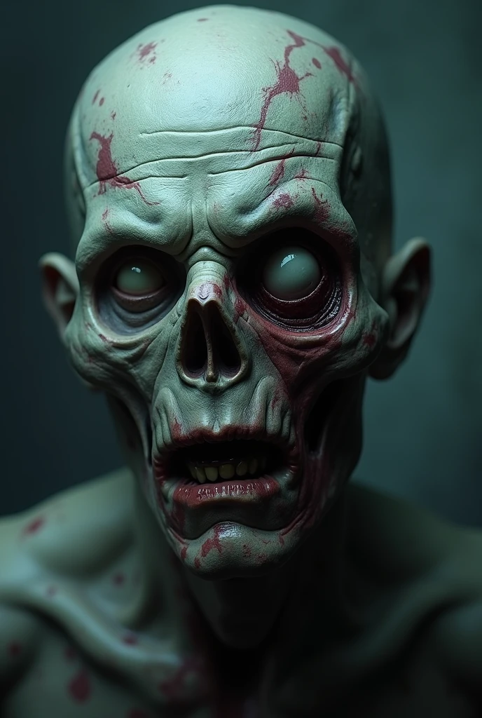 create a face of a zombie in gray/ blue, with one eye out